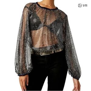 Free People Mesh Sequin Top XS | Sheer Sparkle Party Blouse Holiday Night Out